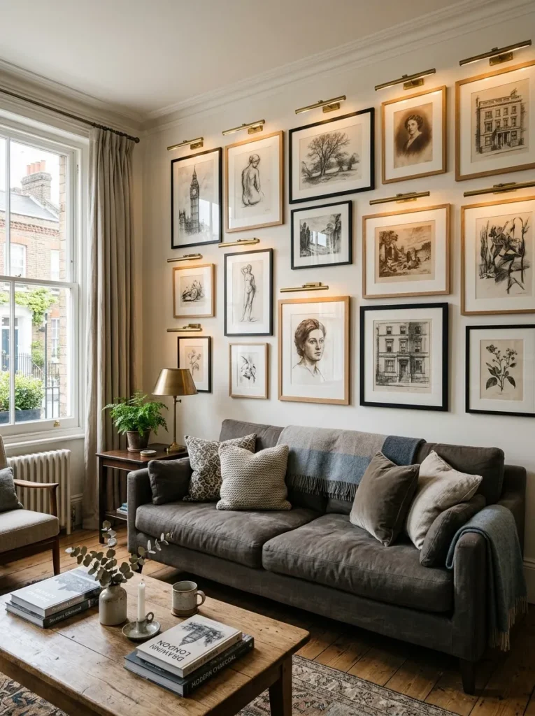 Neutral living room featuring monochromatic wall art, charcoal sketches, and curated gallery styling