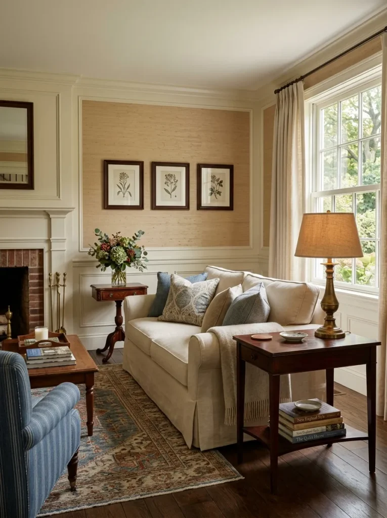 Neutral living room featuring grasscloth wallpaper, cream furniture, and refined textured walls