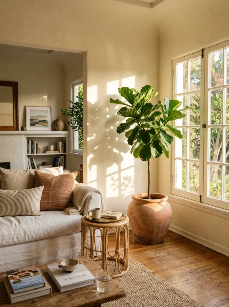 Neutral living room with a large fiddle leaf fig tree, cream furniture, and bright natural light