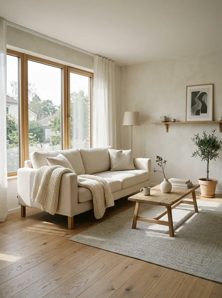 Neutral living room with layered shades of white, cream linen sofa, ivory textiles, and Scandinavian-inspired decor