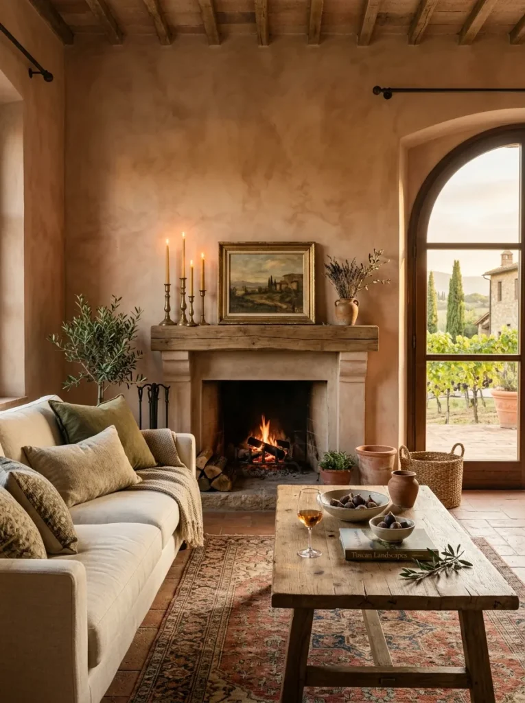 Neutral living room with limewash plaster walls, soft earthy tones, and timeless organic design