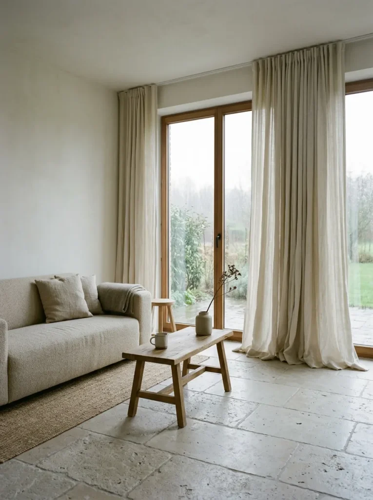 Neutral living room with floor-to-ceiling linen curtains and soft natural light filtering through