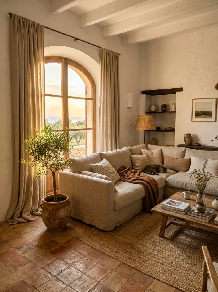 Neutral living room with flax linen sectional sofa, soft natural fabrics, and Mediterranean-inspired styling