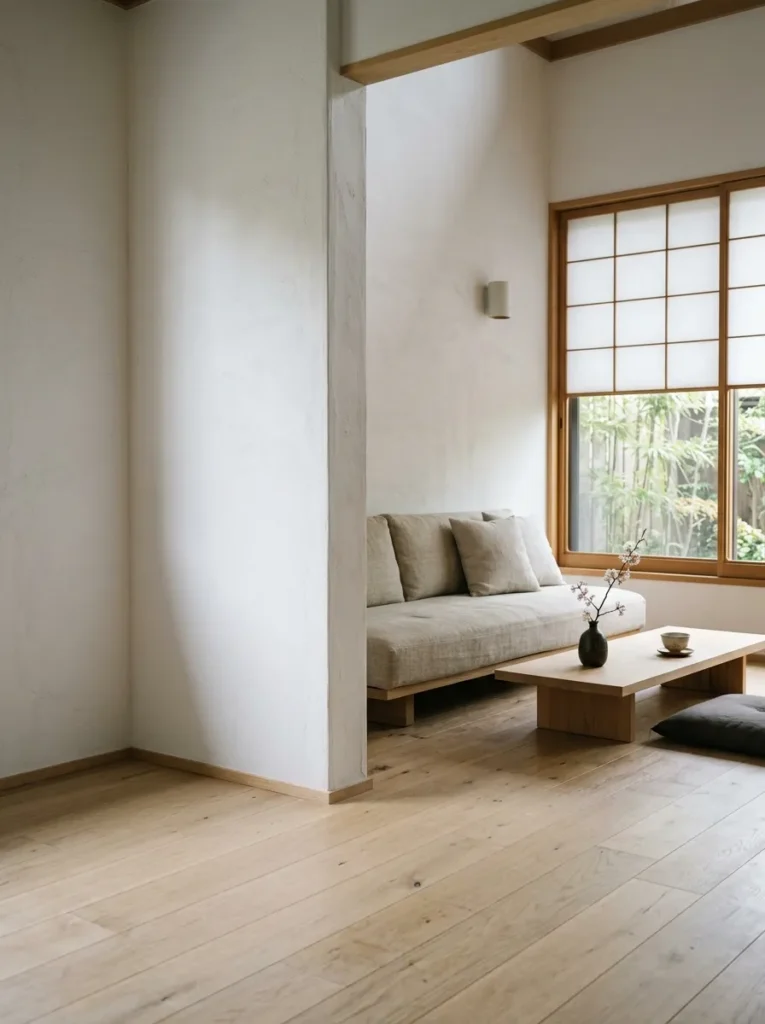Minimalist neutral living room with open space, uncluttered layout, and calming natural design