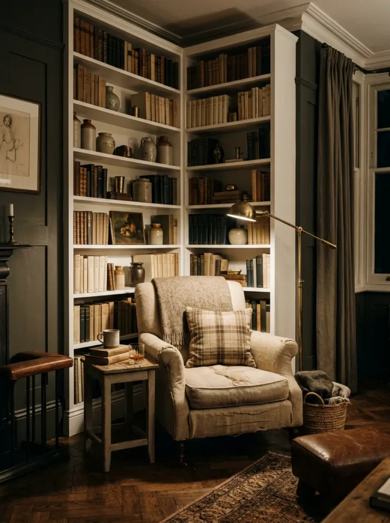 Neutral living room reading corner with built-in bookshelves, linen armchair, and warm ambient lighting