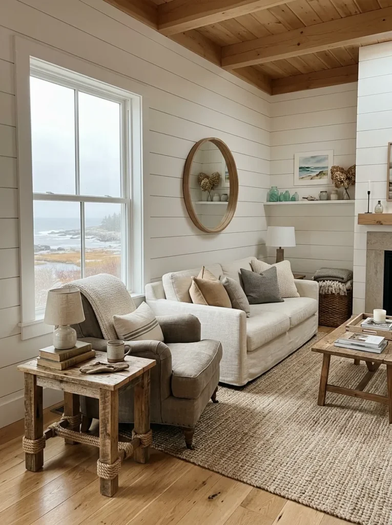 Coastal neutral living room featuring white shiplap wall paneling and soft layered furnishings