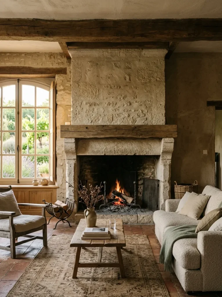 Neutral living room featuring a natural stone fireplace surround, warm beige seating, and elegant organic textures