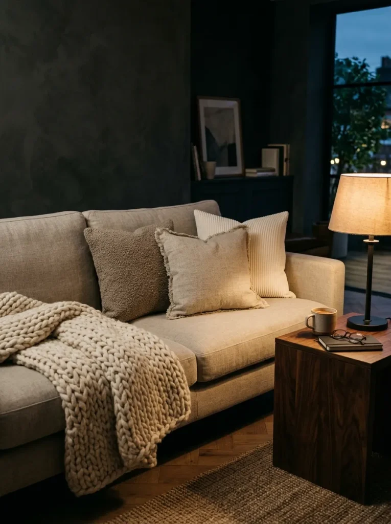 Neutral living room sofa styled with textured cushions, chunky knit throws, and cozy layered fabrics