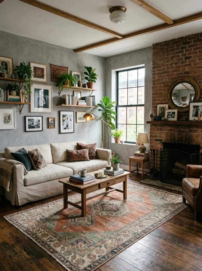 Elegant neutral living room with a faded vintage rug, linen sofa, and layered textures for warmth