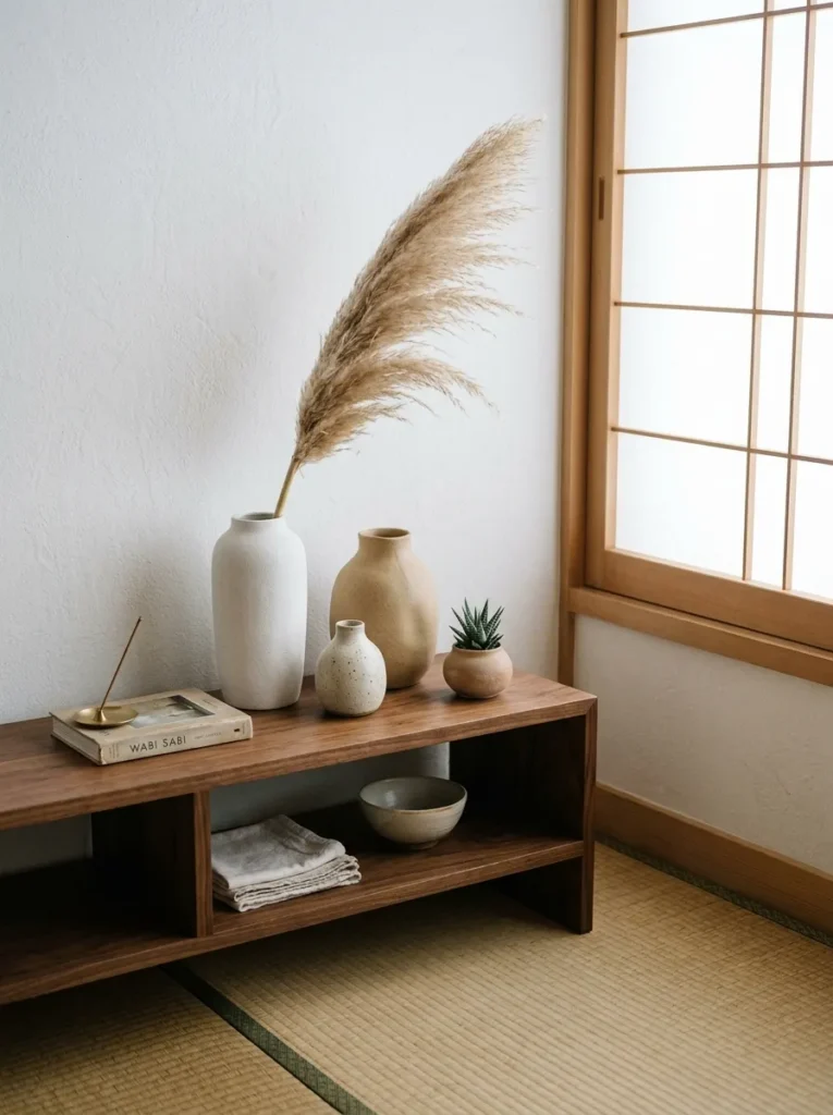 Neutral living room shelf styled with handmade ceramic vases and minimalist wabi-sabi decor