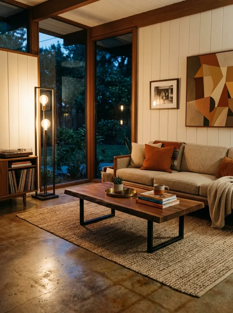 Neutral living room with warm oak and walnut furniture, cream seating, and cozy natural materials