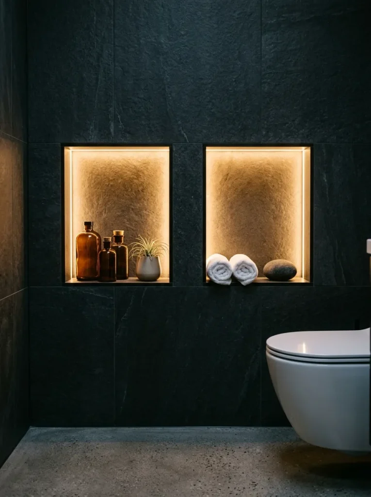Small bathroom with two built-in illuminated wall niches casting warm LED light on displayed products and a small plant in a dark charcoal tile bathroom