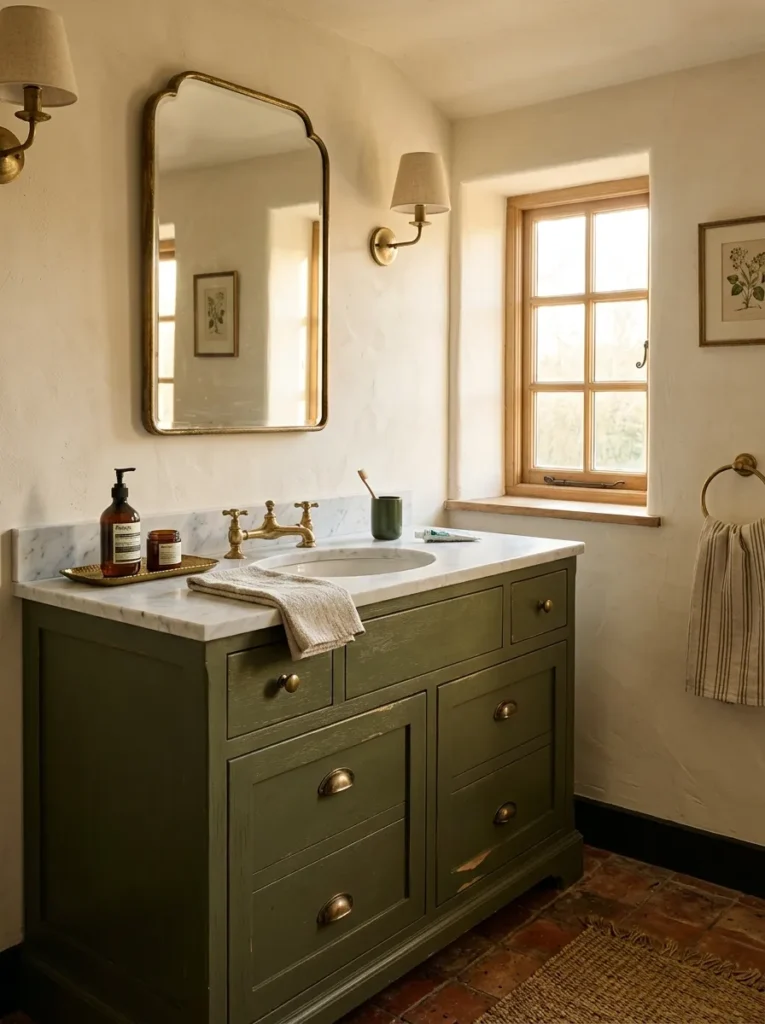 Olive green painted vanity cabinetry in a warm, earthy-toned bathroom