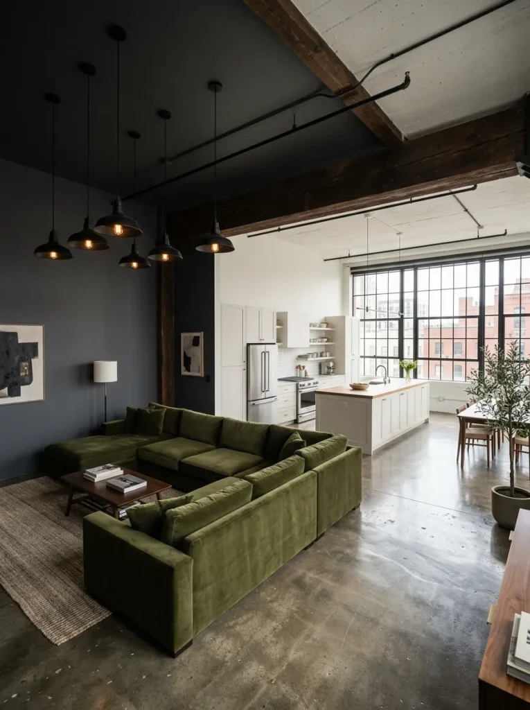 Open-concept living room with a defined dark color zone separated by a ceiling beam from a lighter kitchen area