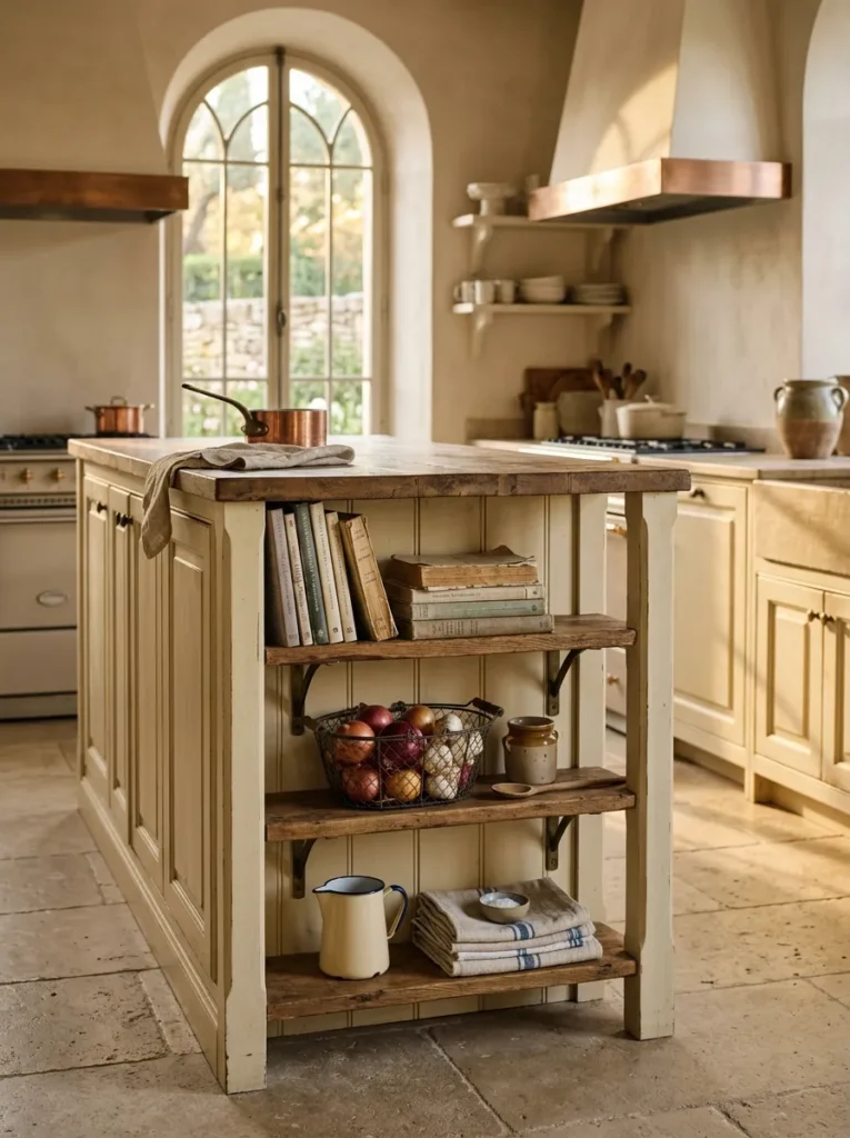 Slim open shelves mounted on exposed end panel of kitchen island holding cookbooks