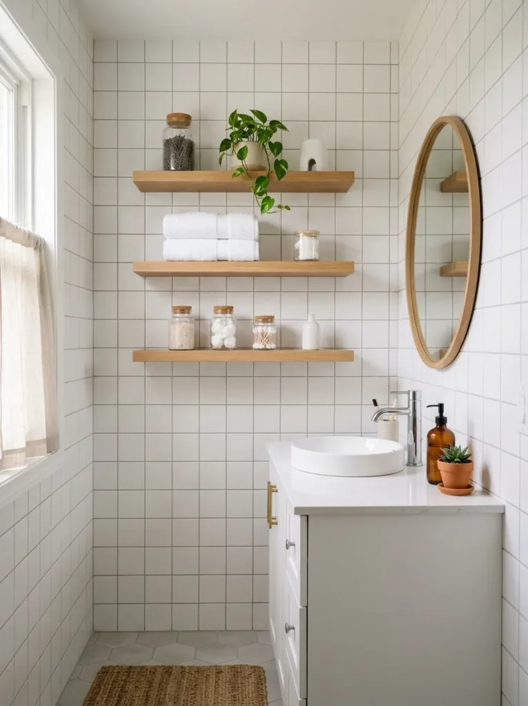 Small bathroom with open oak floating shelves instead of upper cabinets, holding organised glass jars and white folded towels above a white vanity unit