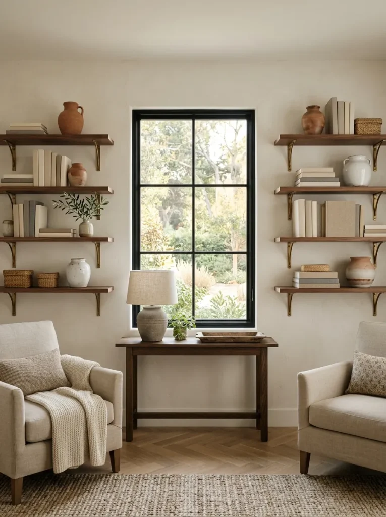 Open wood shelves flanking a farmhouse living room window holding books and ceramic vases
