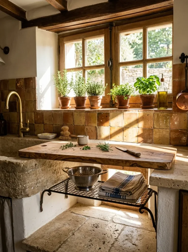 Wood cutting board bridging sink edges with small storage shelf mounted underneath
