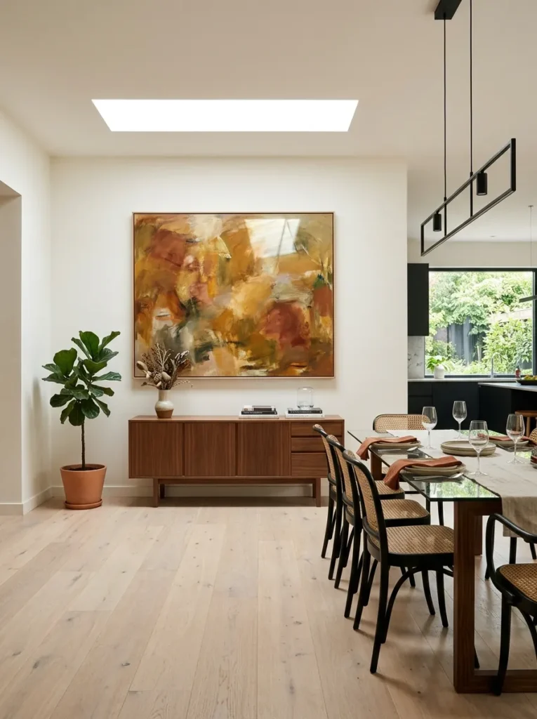  Large abstract painting above a buffet serving as the sole art focal point in a luxury dining room
