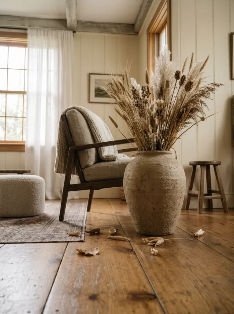 Large ceramic urn filled with dried wheat stalks beside a farmhouse living room armchair
