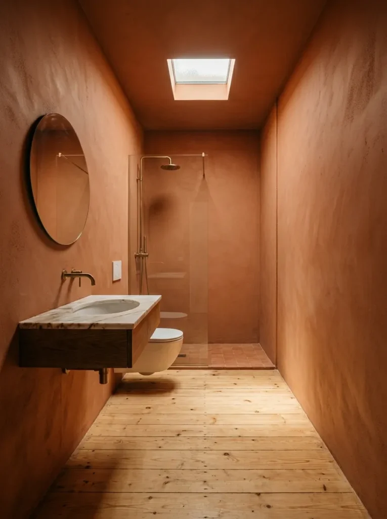 Bathroom with walls and ceiling painted in the same warm clay tone, creating an enveloping calm interior.