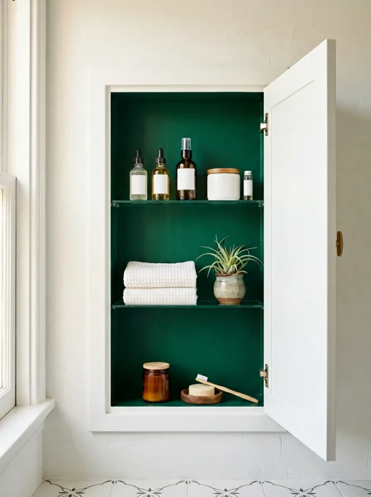 Open bathroom cabinet door revealing a rich emerald green painted interior with glass shelves holding skincare, white towels, and a small ceramic plant pot