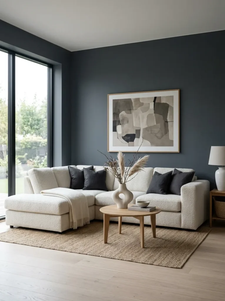 Dark living room with a pale ivory bouclé sectional creating soft contrast 