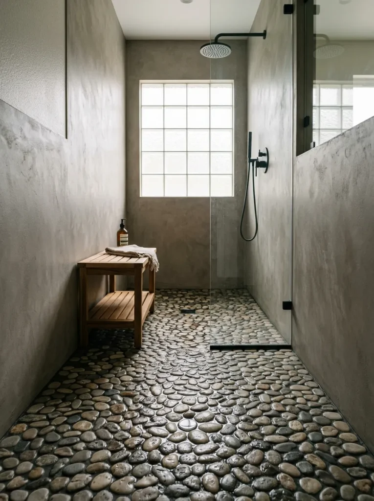  River stone pebble tile lining the floor of a walk-in earthy bathroom shower