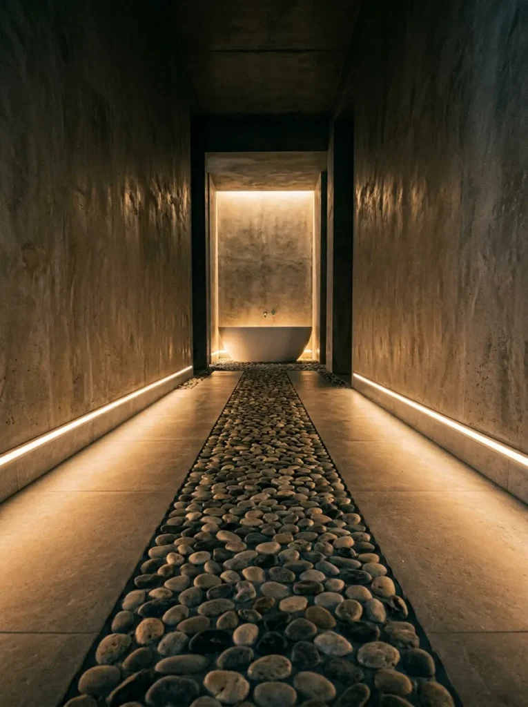 Spa bathroom corridor with narrow river pebble path flanked by LED strip lighting at floor level leading toward a freestanding bath at the end