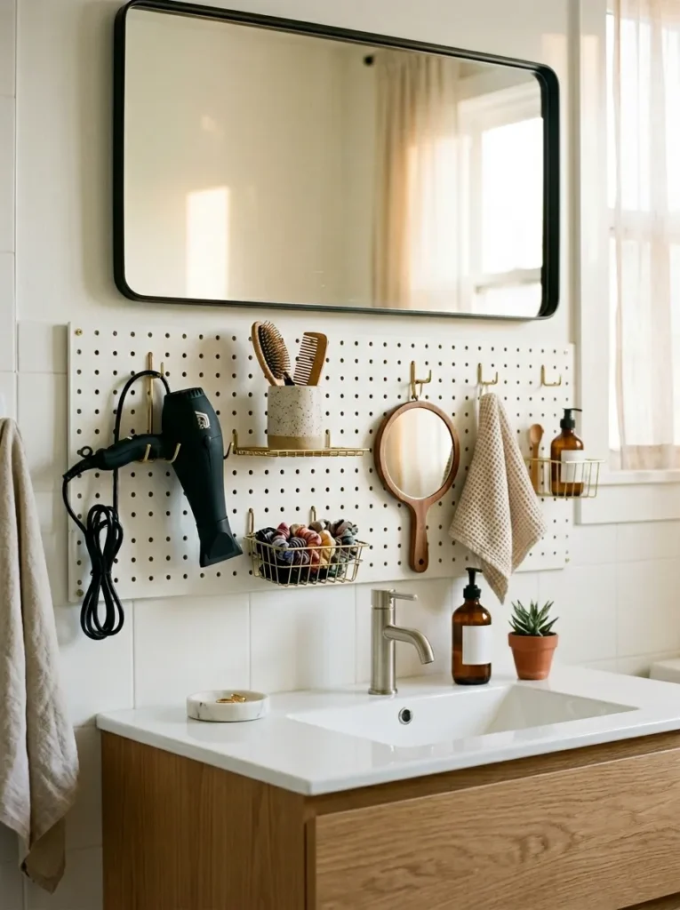 White painted pegboard panel installed above a bathroom vanity holding hairdryer, straightener, and baskets using brass pegboard hooks in a bright white bathroom