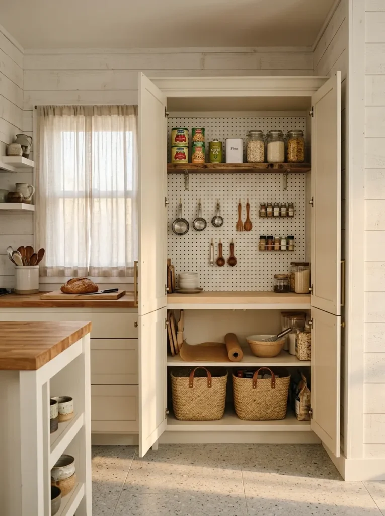 White pegboard installed inside pantry cabinet with adjustable hooks and small shelf brackets