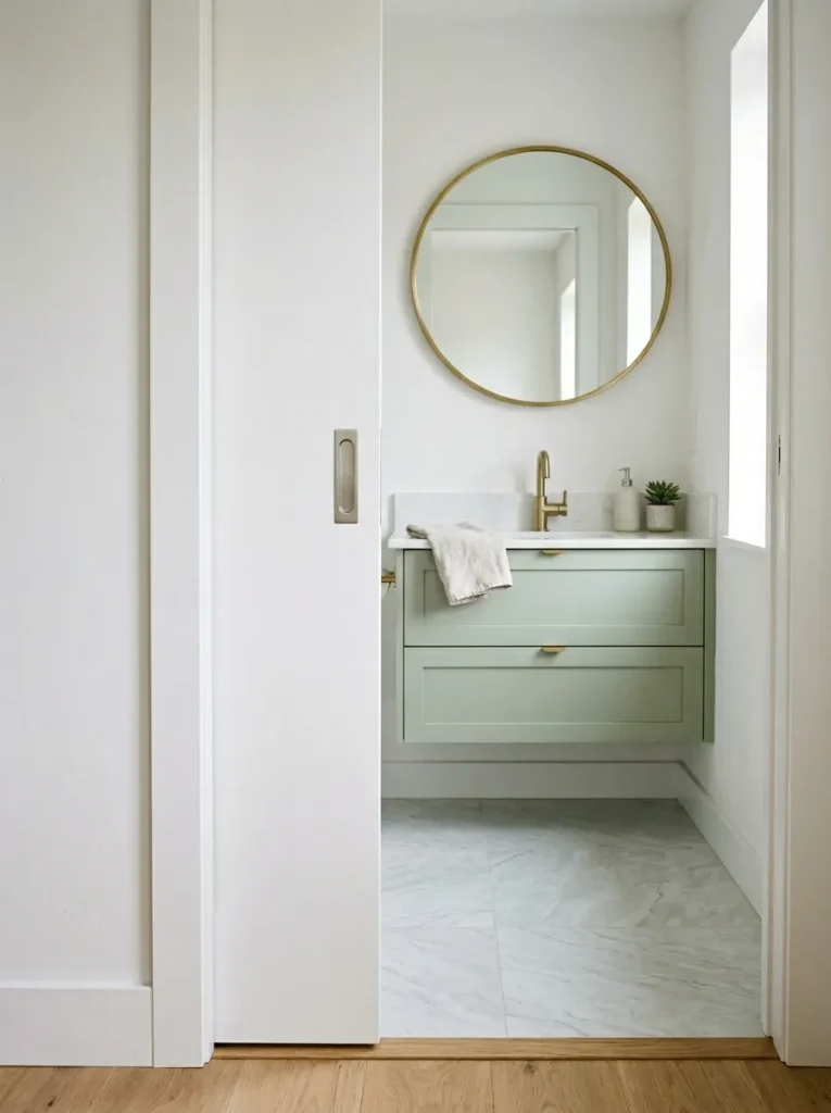 Small bathroom with a white flush pocket door slid into the wall beside a pale green vanity, freeing the full floor area for movement