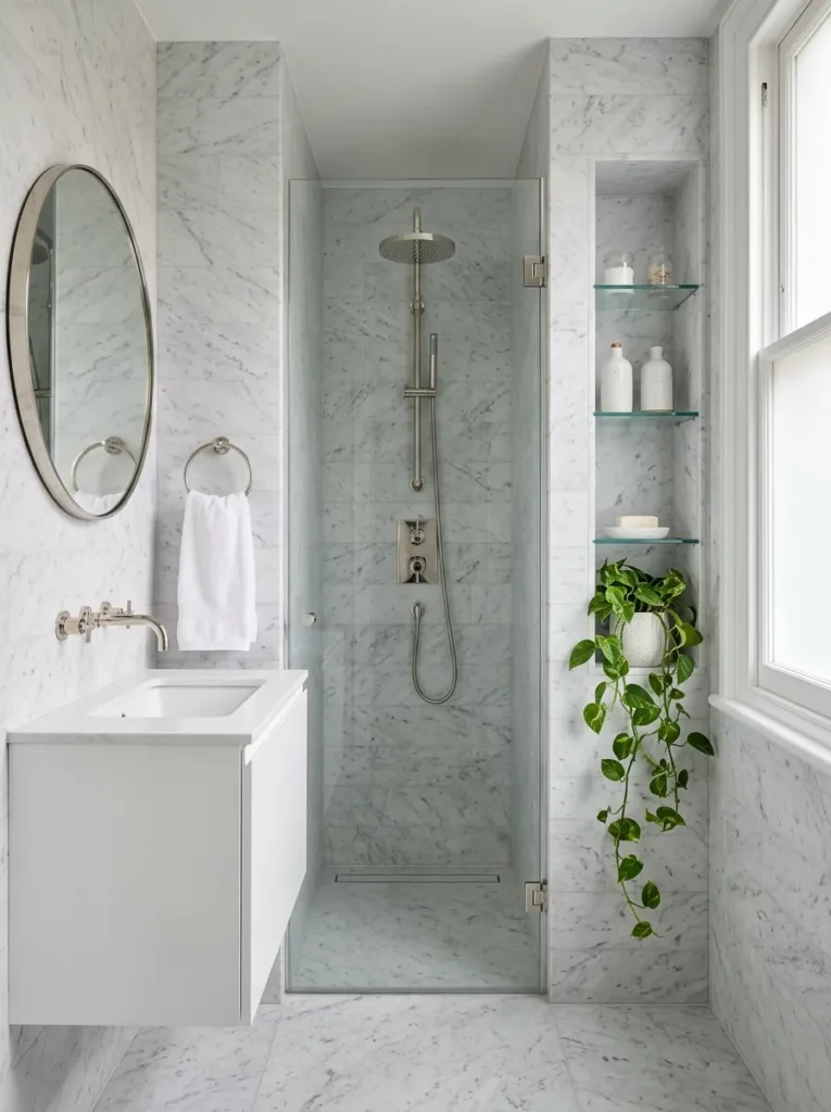 Classic white ensuite spa bathroom with polished nickel fixtures, floor-to-ceiling white Carrara marble, and a built-in storage alcove with glass shelving