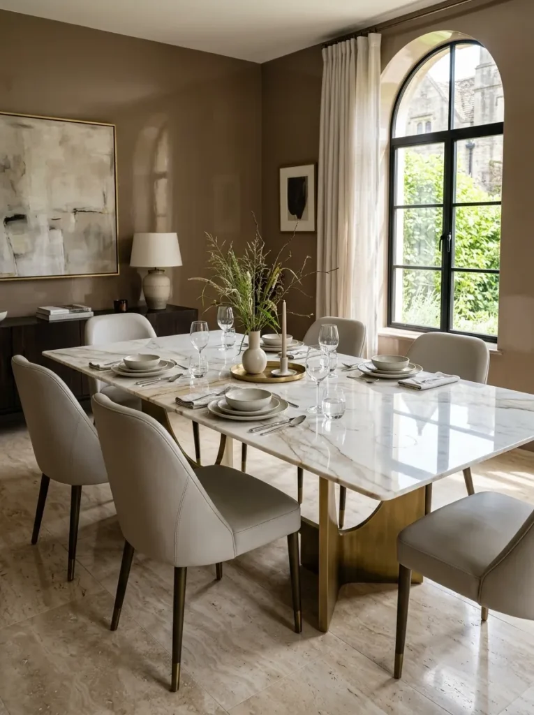 Polished marble dining table reflecting chandelier light in a luxury dining room
