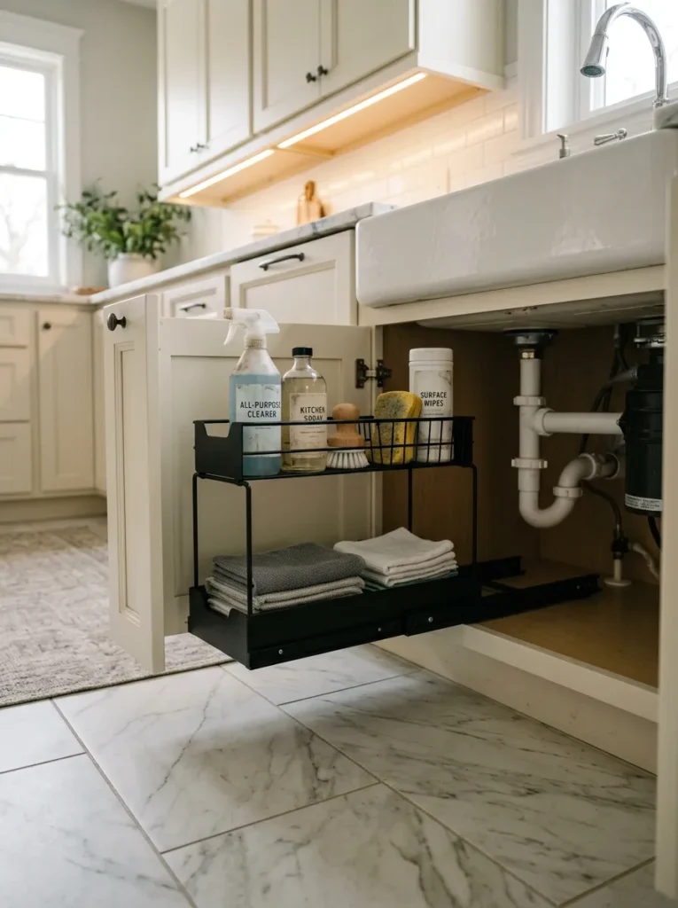 Sliding under-sink caddy organizing cleaning bottles and sponges in tiered compartments