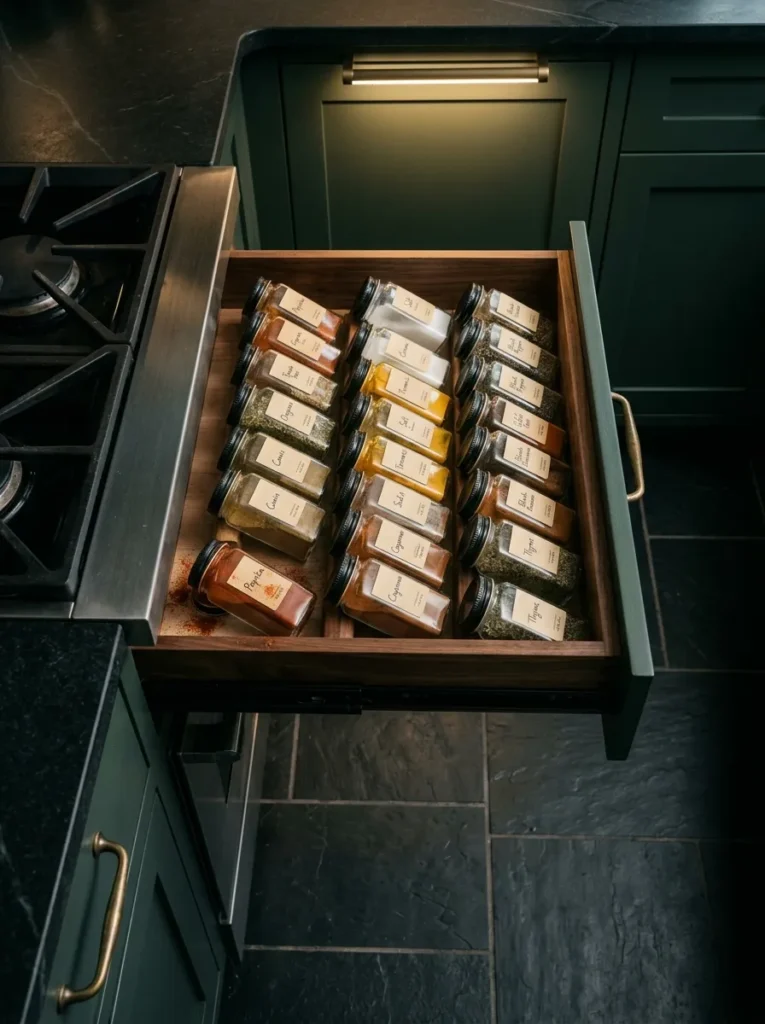 Shallow pull-out spice drawer beside stove with angled jars visible from above