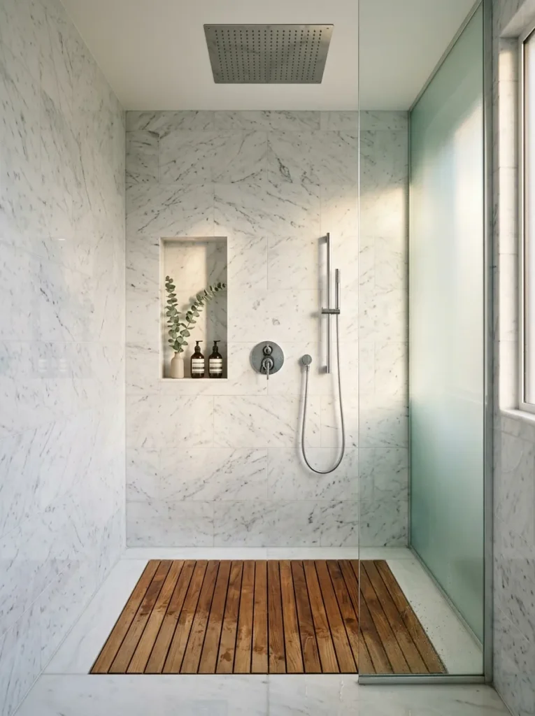 Walk-in rainfall shower with ceiling-mounted head above teak wood floor insert, frosted glass panel, and polished stone wall tiles