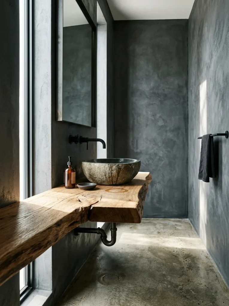  Live-edge raw wood floating vanity shelf holding a stone vessel sink