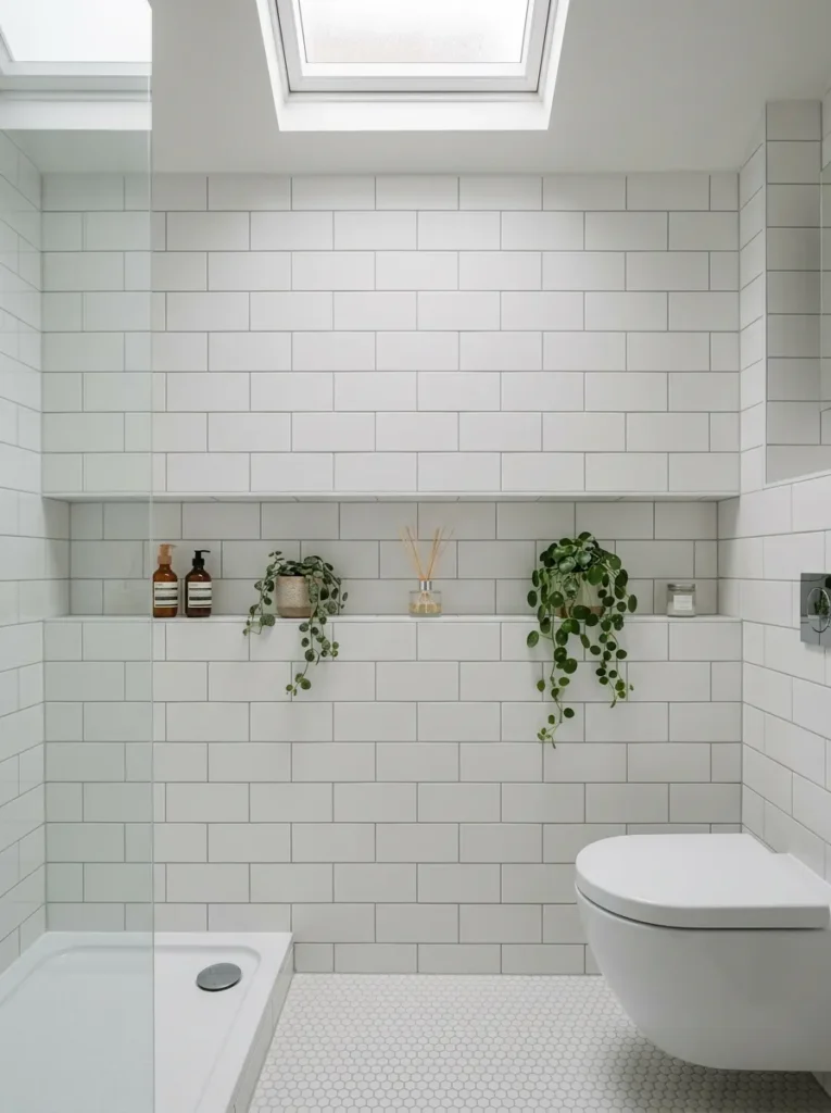 Small bathroom with a continuous recessed shelf running the full width of one wall at mid-height, holding products and small plants flush with the wall surface