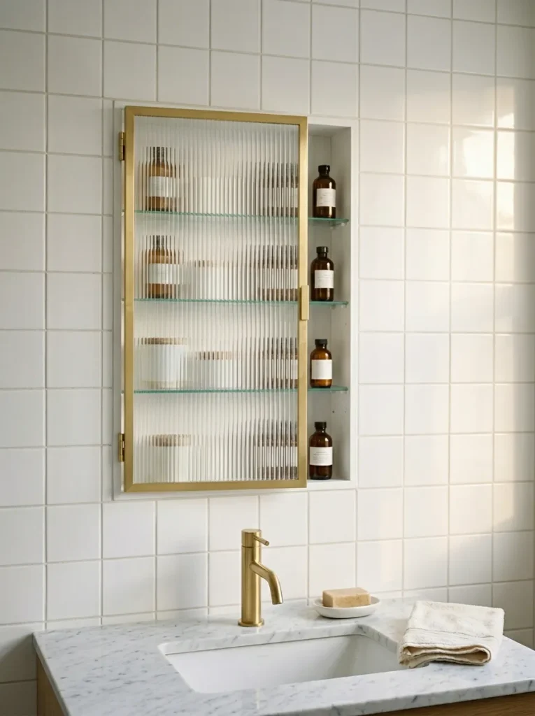 Recessed medicine cabinet with fluted ribbed glass door set into a white tiled bathroom wall above a marble vanity with brushed gold faucet