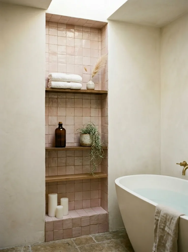 Tall narrow built-in niche beside a freestanding bathtub holding pillar candles of varied heights, a bath oil bottle, and a small plant in a handmade ceramic pot