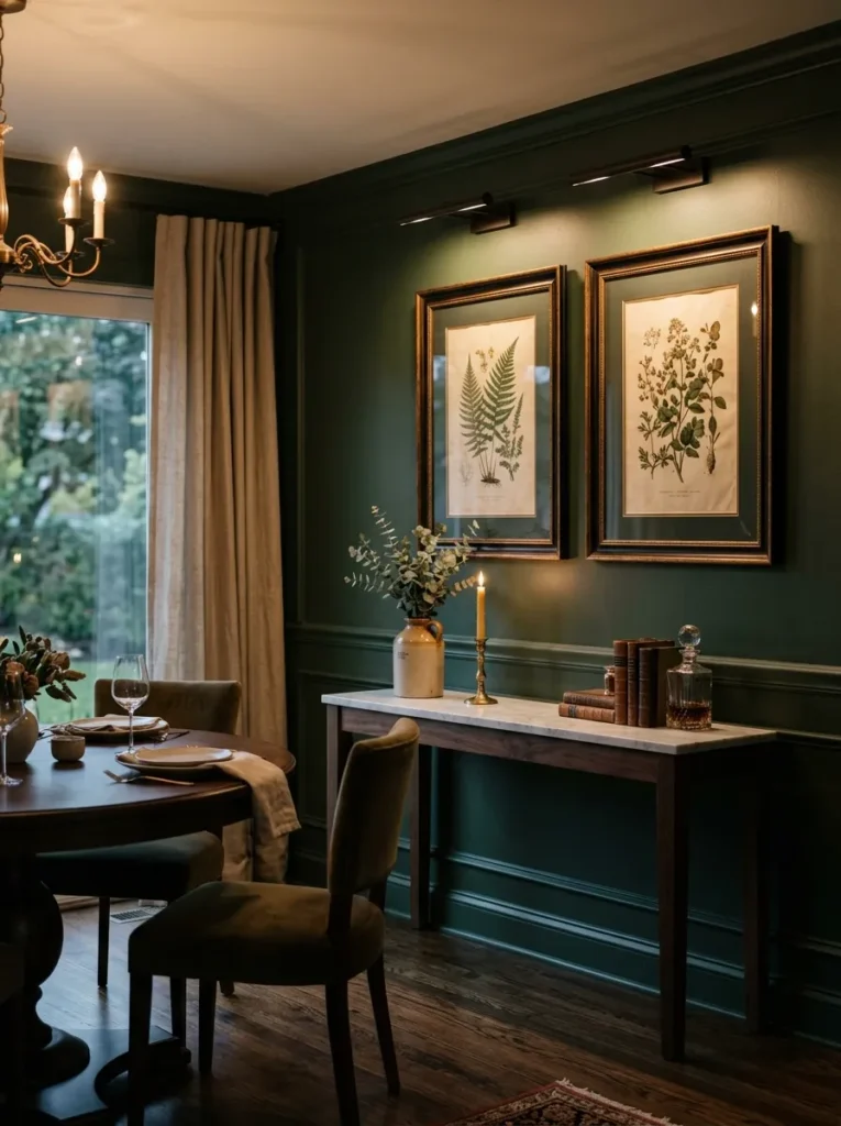 Recessed picture lights illuminating framed artwork above a sideboard in a luxury dining room
