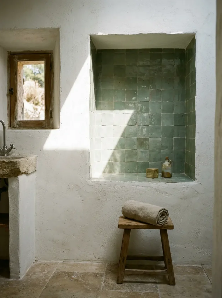 Recessed shower niche tiled in handmade sage Zellige set into rough lime-plastered walls in a Provençal bathroom.