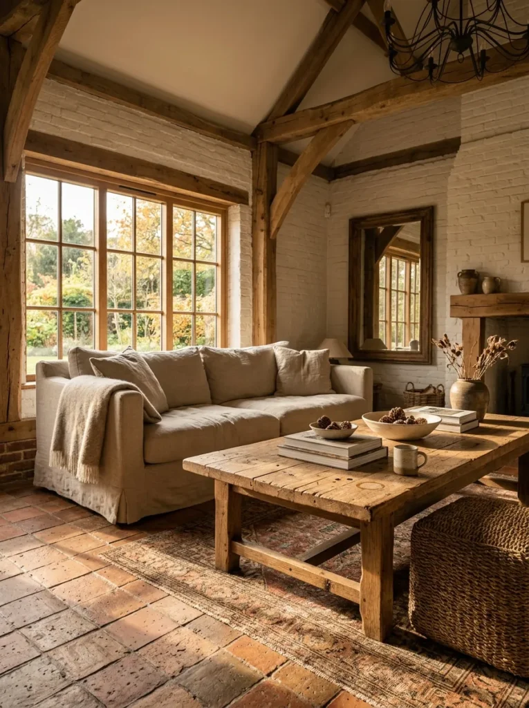 Weathered reclaimed wood coffee table with visible grain and knots in farmhouse living room

