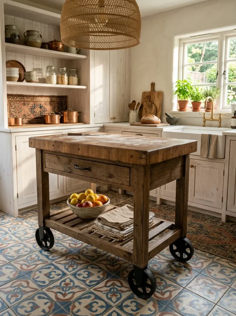 Wood and black metal rolling kitchen cart with shelves and drawer used as mobile island