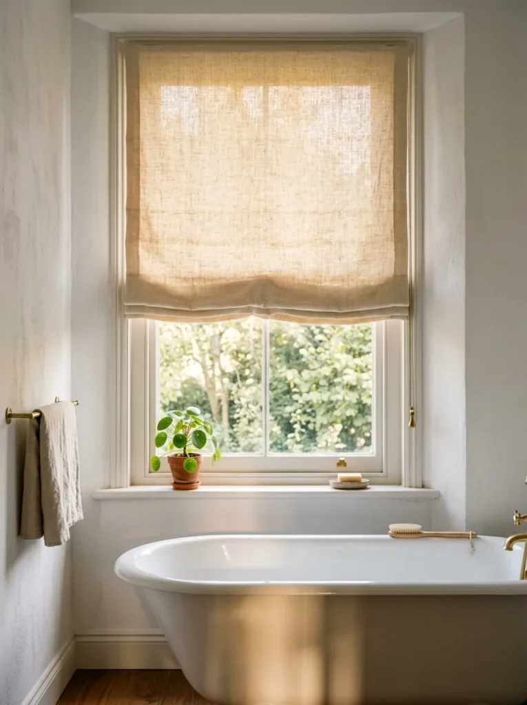 Cream linen roman blind on a bathroom window, slightly lowered, filtering warm light above a white bathtub in a bright bathroom with warm wood accents