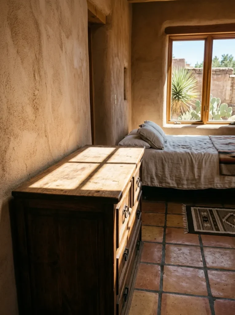 A dresser top sits left entirely bare and unstyled in a sun-bleached adobe-style Santa Fe bedroom.