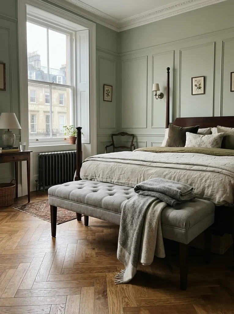 A low upholstered bench sits at the foot of the bed in a quiet, composed Georgian London bedroom.