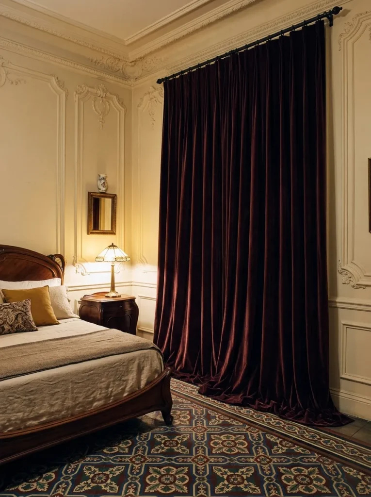 Heavy velvet drapery pools onto the floor in a refined, lamp-lit Art Nouveau bedroom.