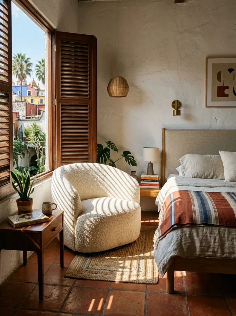 A curved cream bouclé chair sits beside a linen bed in a sunlit mid-century Mexico City bedroom.